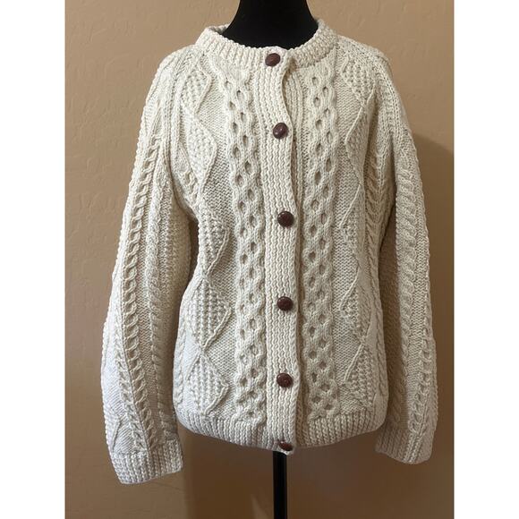 VTG Irish Fisherman’s Cable Knit Wool Sweater Cardigan Wooden Buttons Chunky - Picture 1 of 6